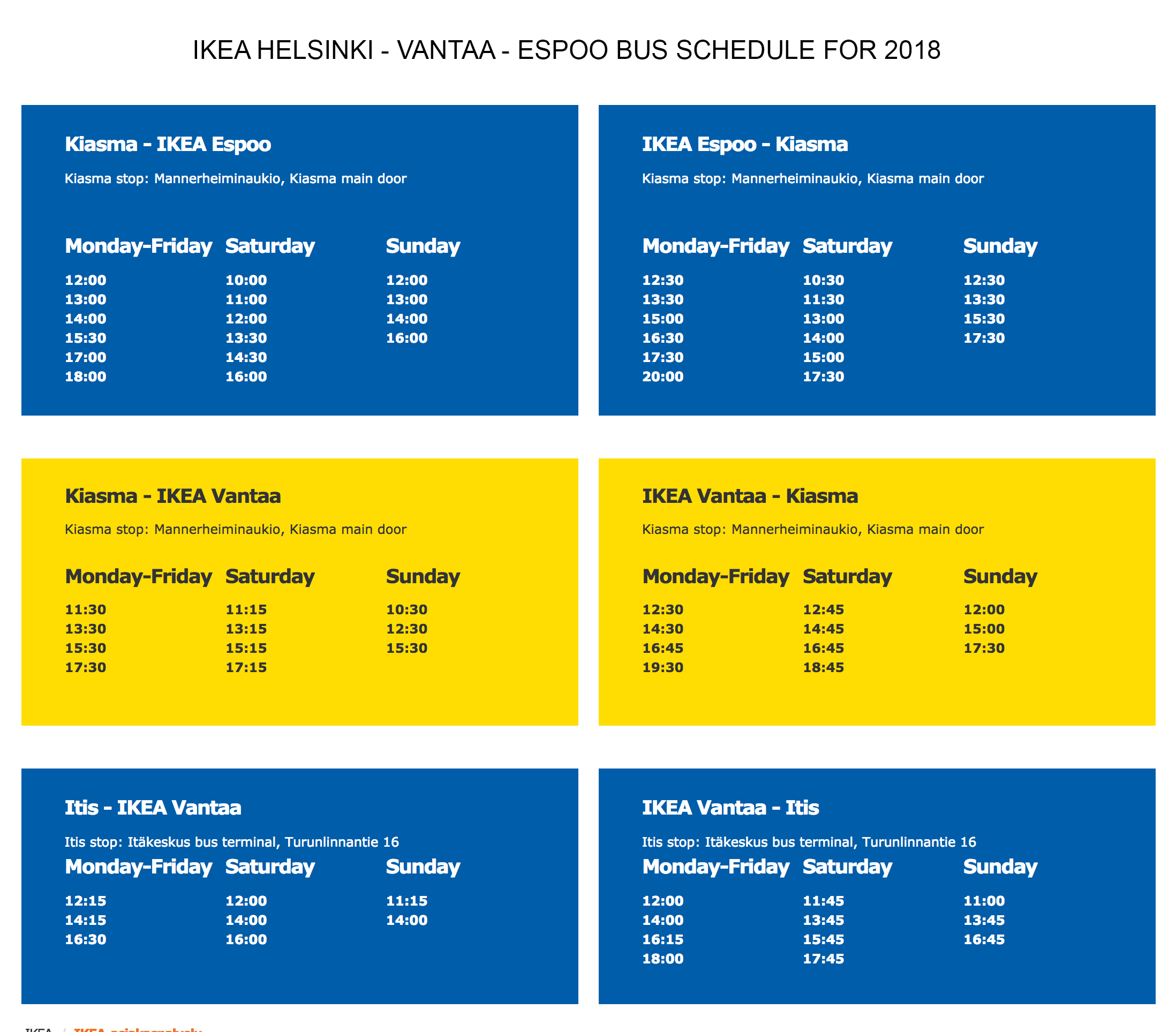 Helsinki Vantaa Espoo IKEA schedule 2018